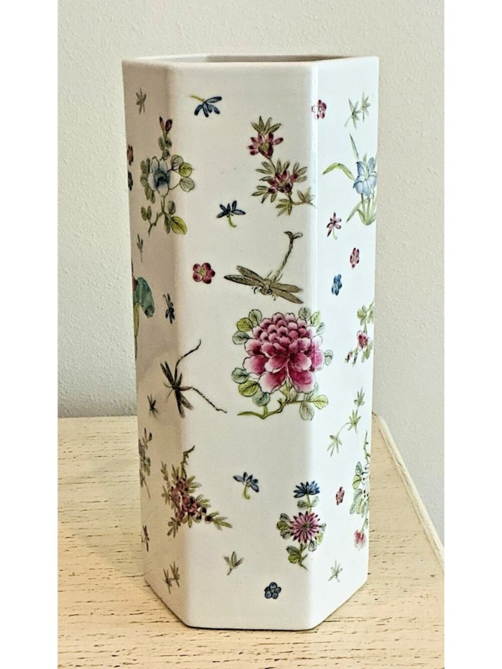 Chinoiserie Hexagon Vase Vintage Hong Kong Lotus Insect Floral Porcelain 12"